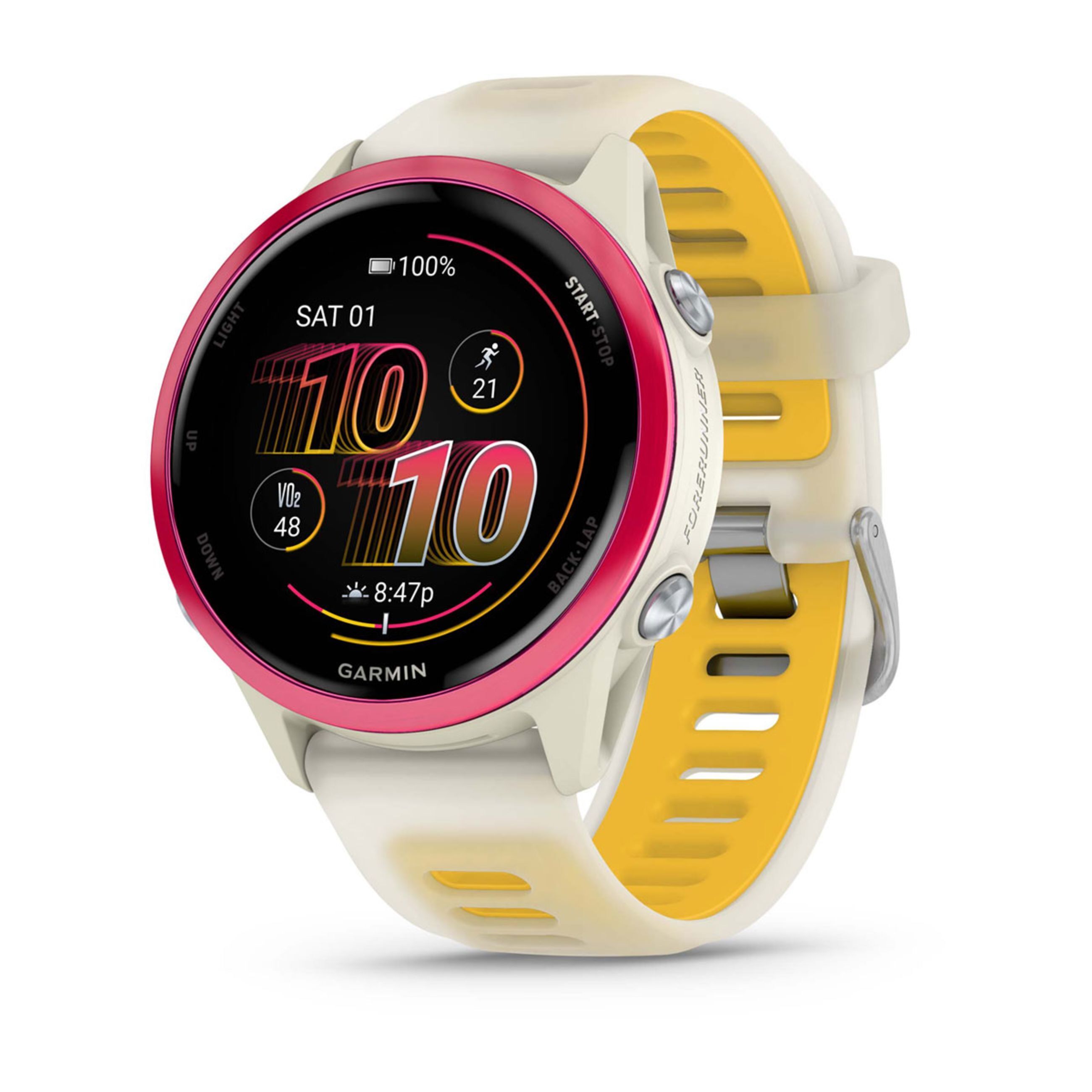 Forerunner 570 - 42Mm - Raspberry Aluminum With Translucent Bone/Mango Band