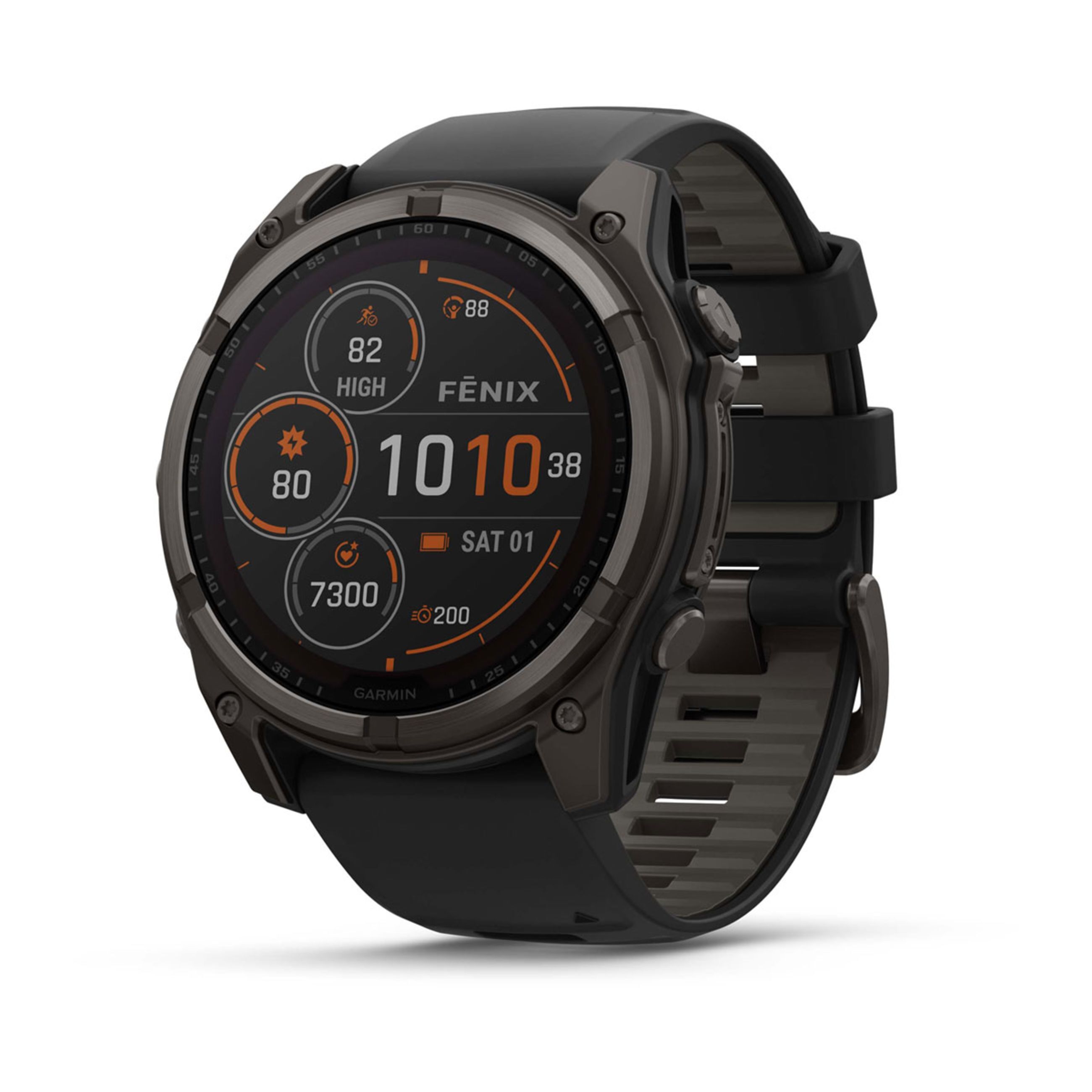 FēNix 8 – 43 Mm, Amoled - Sapphire, Carbon Gray Dlc Titanium With Black/Pebble Gray Silicone Band