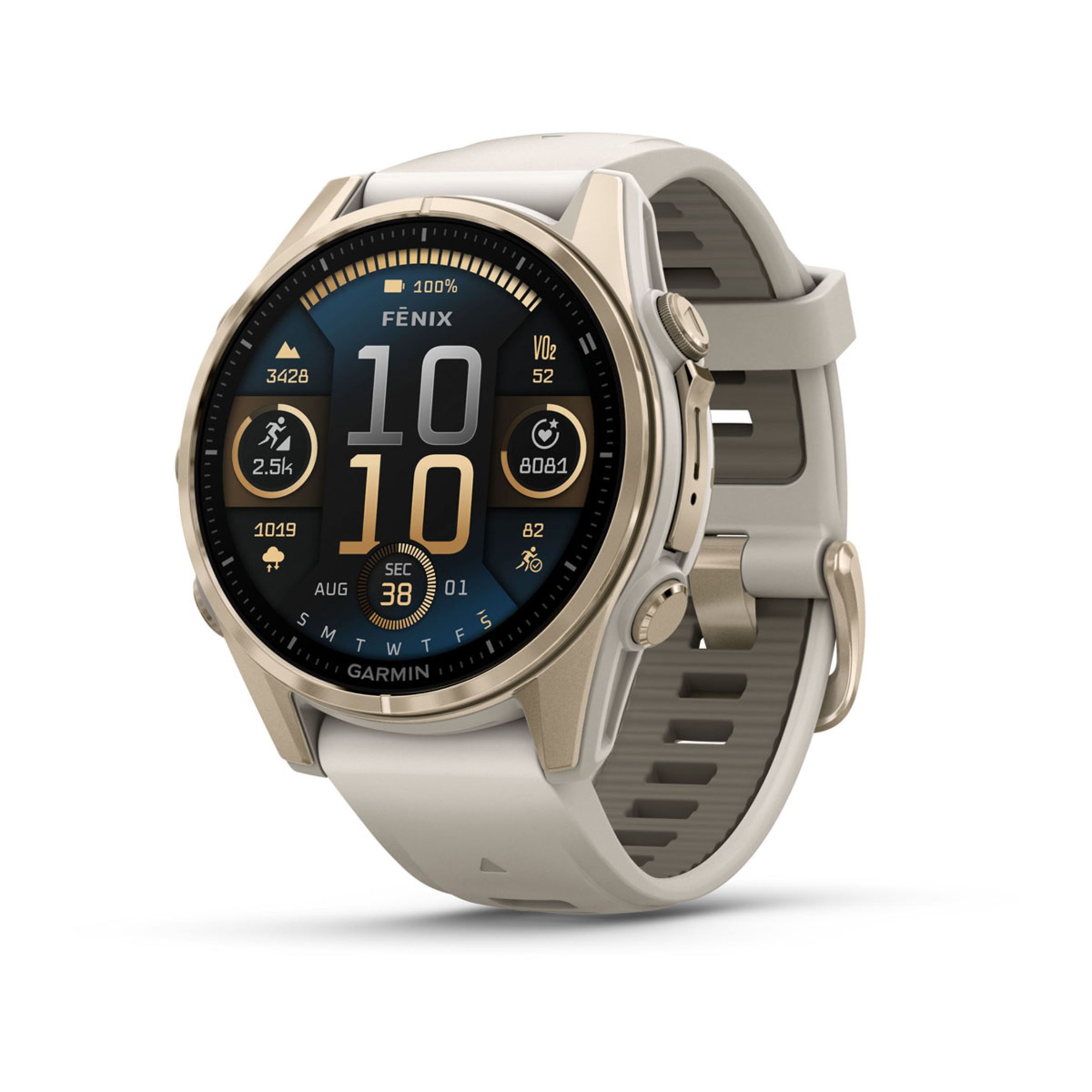 FēNix 8 – 43 Mm, Amoled - Sapphire, Soft Gold With Fog Gray/Dark Sandstone Silicone Band